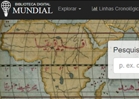 Captura de tela do site da Biblioteca Mundial Digital. Exibe parte do menu superior e, abaixo, uma representação cartográfica do continente africano.