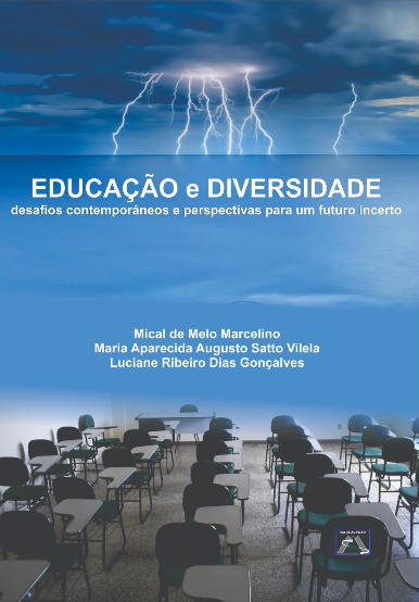 Título do livro e ao fundo uma imagem de raios, abaixo carteiras de estudante enfileiradas