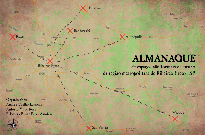 Mapa marrom esverdeado com várias rotas direcionadas para a cidade de Ribeirão Preto. Título e nome dos autores  em preto